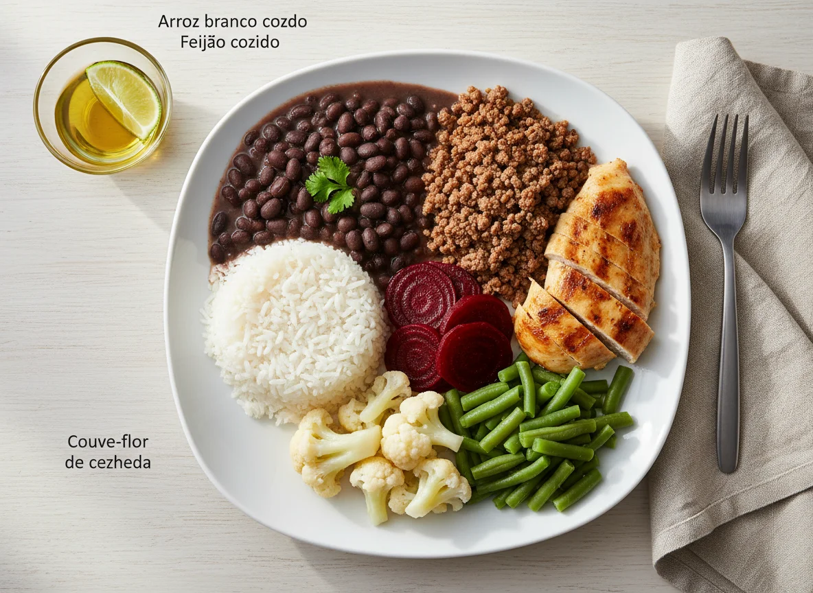 Prato misto com frango, feijão e vegetais photo