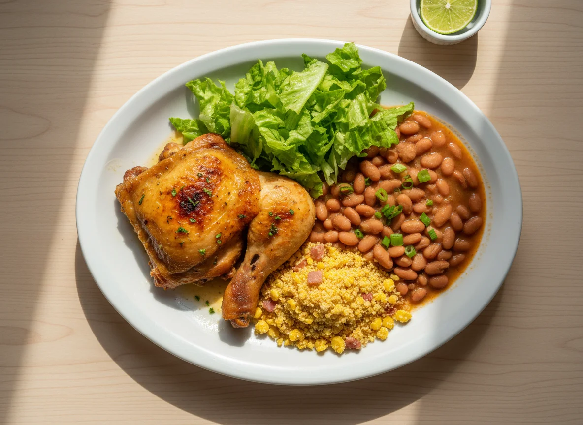 Prato misto com frango, feijão, farofa e salada photo
