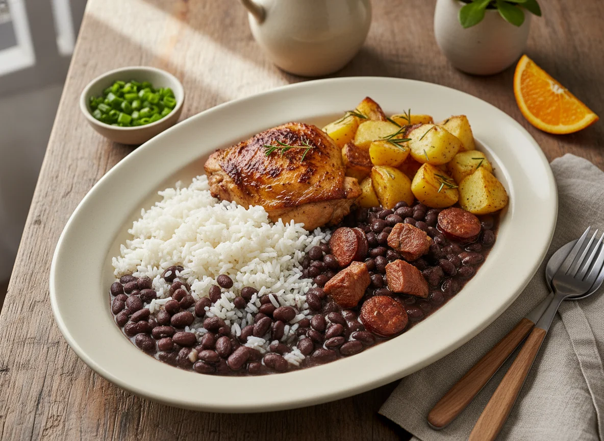 Prato misto com frango, feijoada e batatas photo