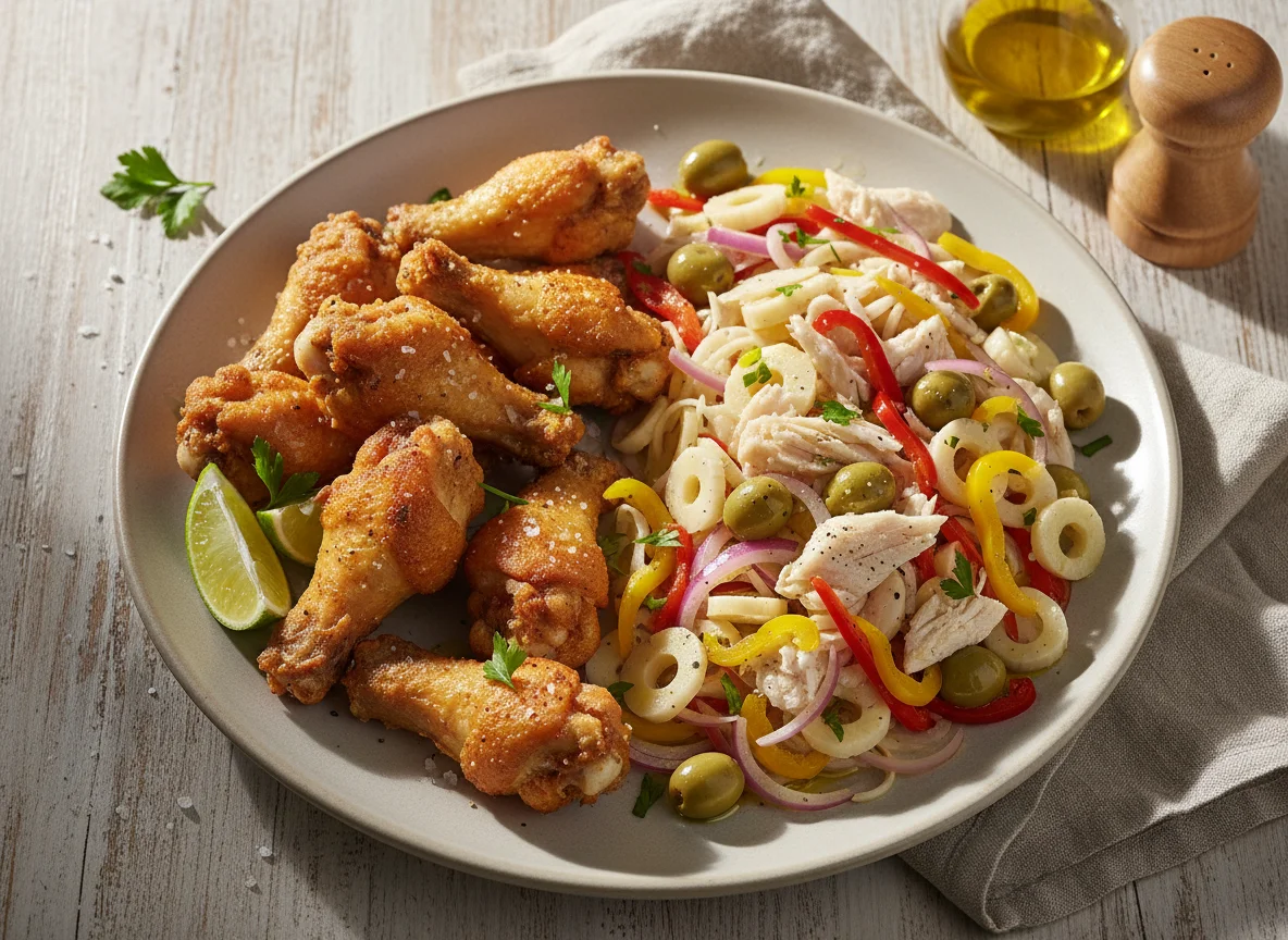 Prato misto com frango frito e salada de bacalhau photo