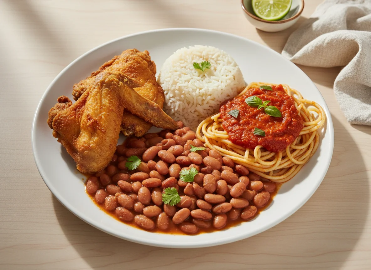 Prato misto com frango frito, feijão, arroz e macarrão photo