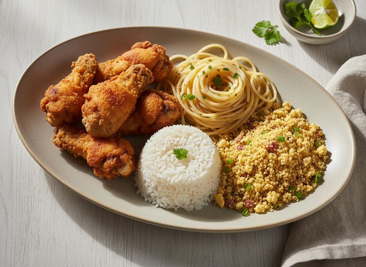 Prato misto com frango frito, macarrão, arroz e farofa photo