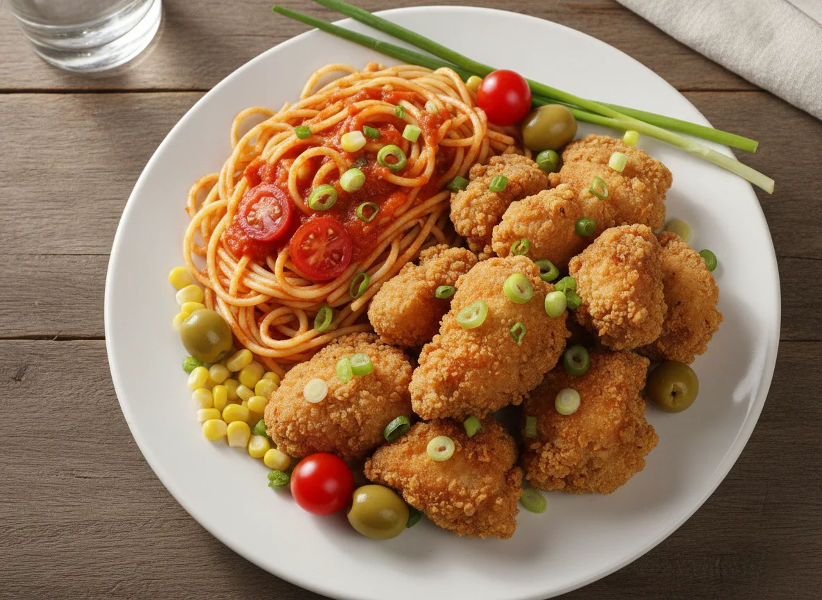 Prato misto com frango frito, macarrão e vegetais photo