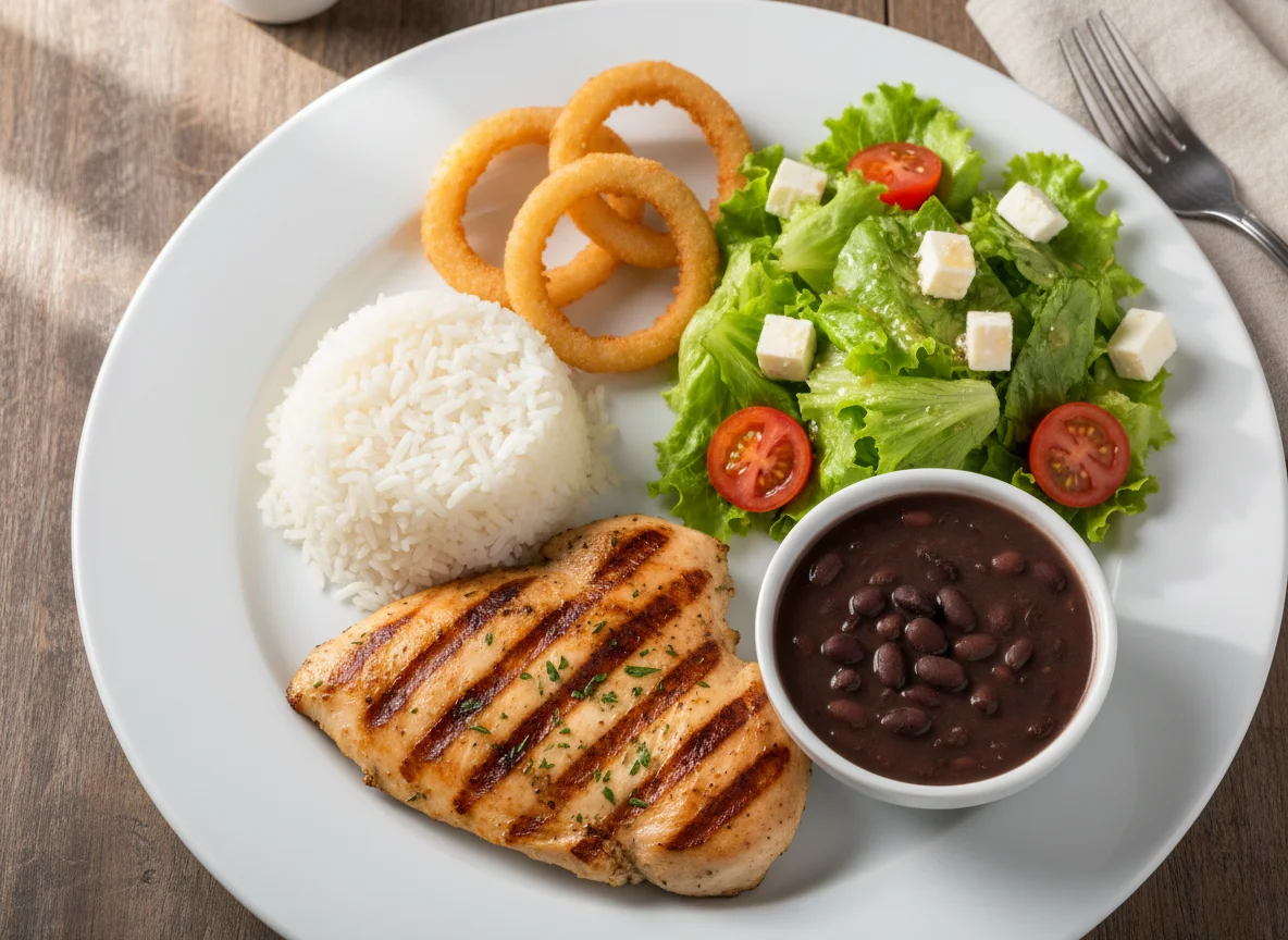 Prato misto com frango grelhado, anéis de cebola e salada photo