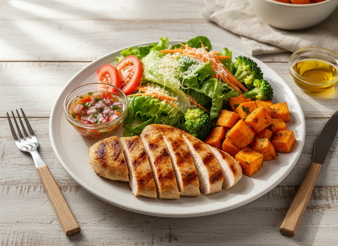 Prato misto com frango grelhado, salada e batata doce photo