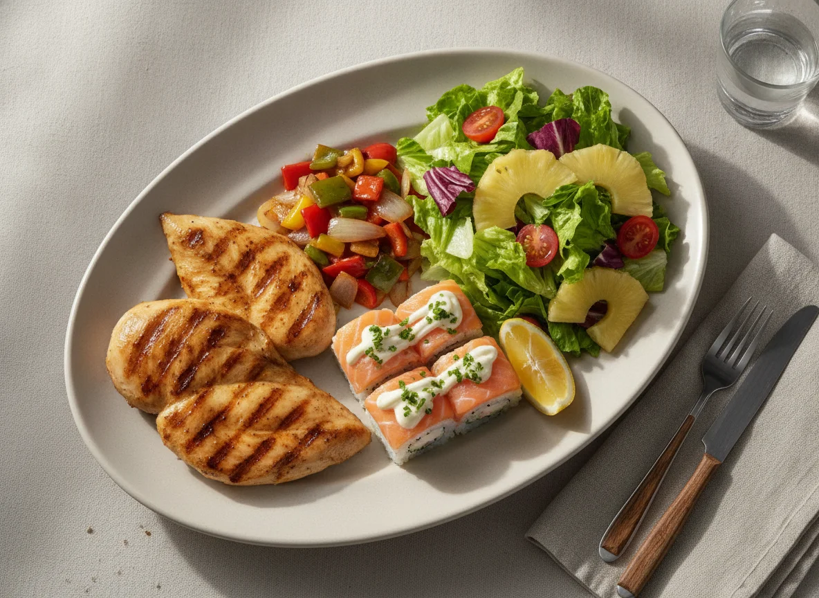 Prato misto com frango grelhado, sushi e salada photo