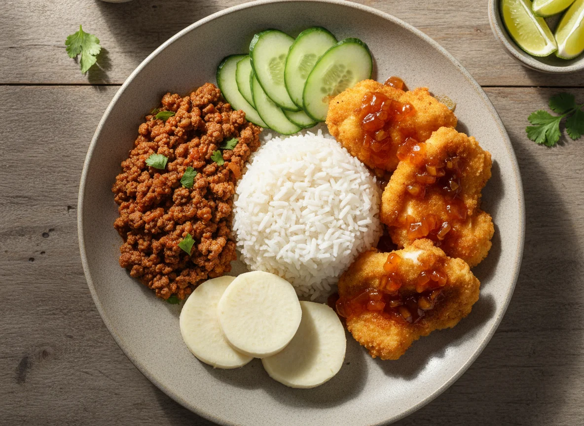 Prato misto com frango, inhame, arroz e carne moída photo