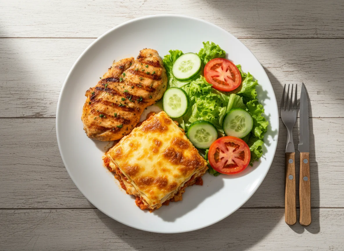 Prato misto com frango, lasanha e salada photo