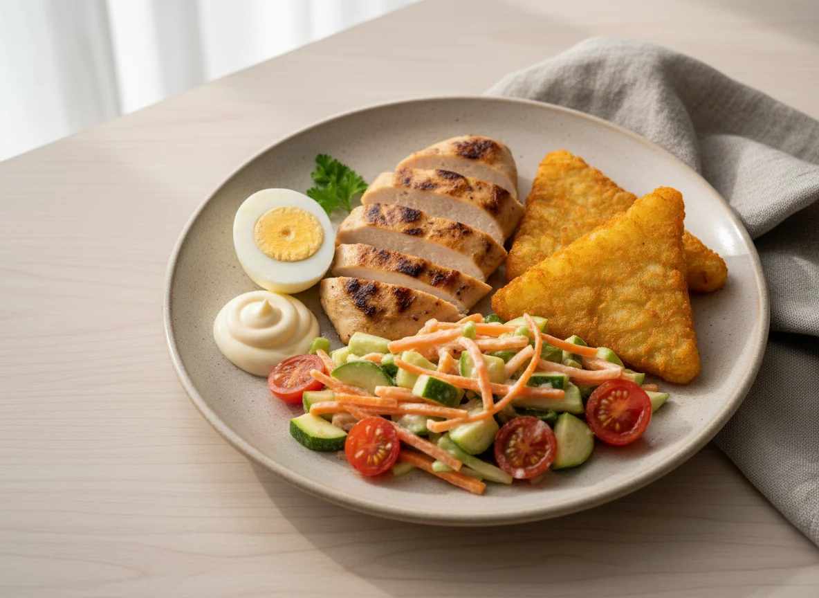 Prato misto com frango, legumes e ovo photo