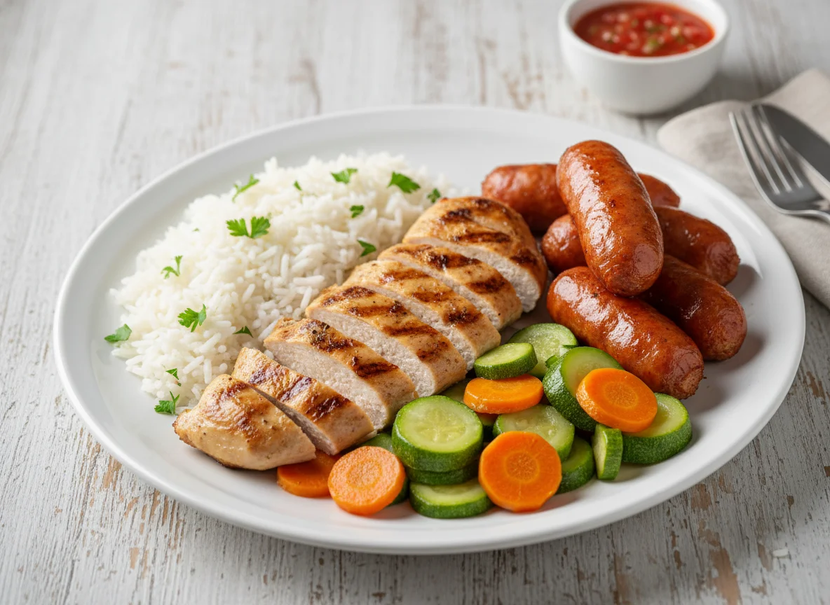 Prato misto com frango, linguiça, arroz e legumes photo