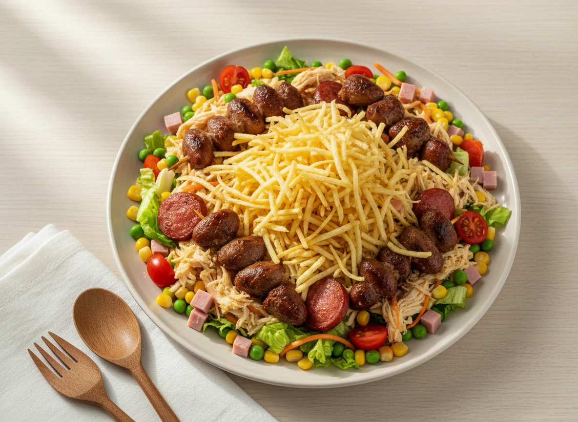 Prato misto com frango, linguiça, coração de galinha e batata palha photo