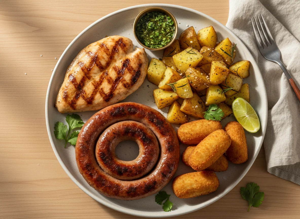Prato misto com frango, linguiça e acompanhamentos photo