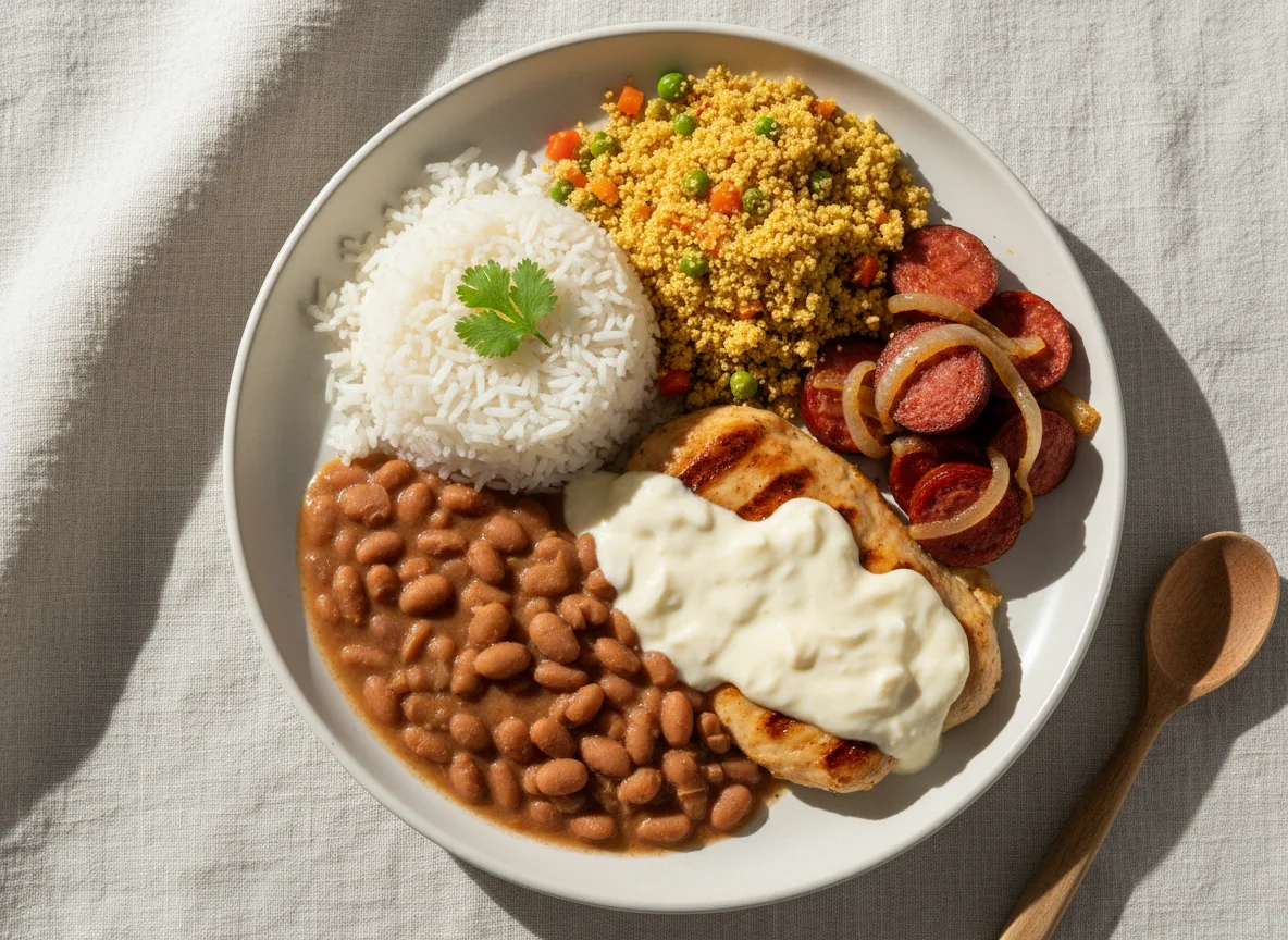 Prato misto com frango, linguiça e farofa photo