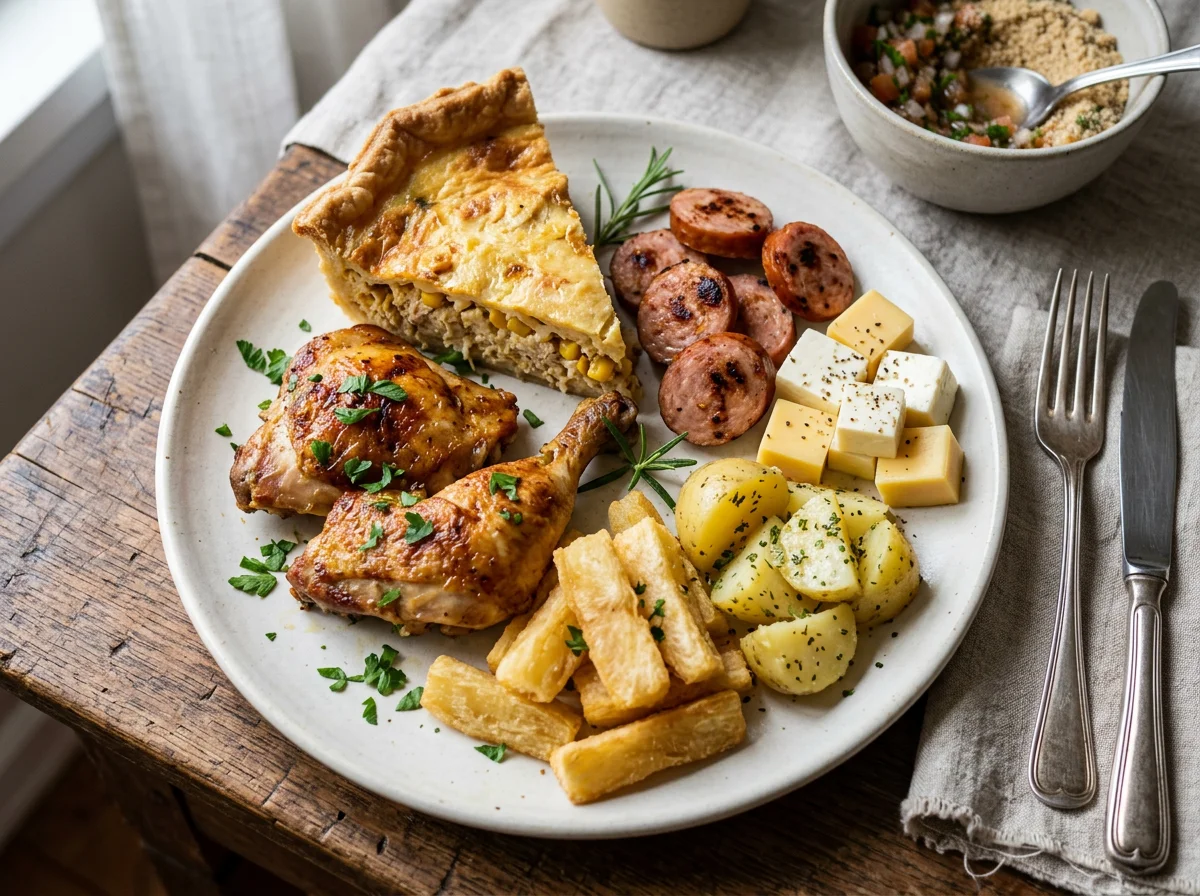 Prato misto com frango, linguiça, queijo e torta salgada photo