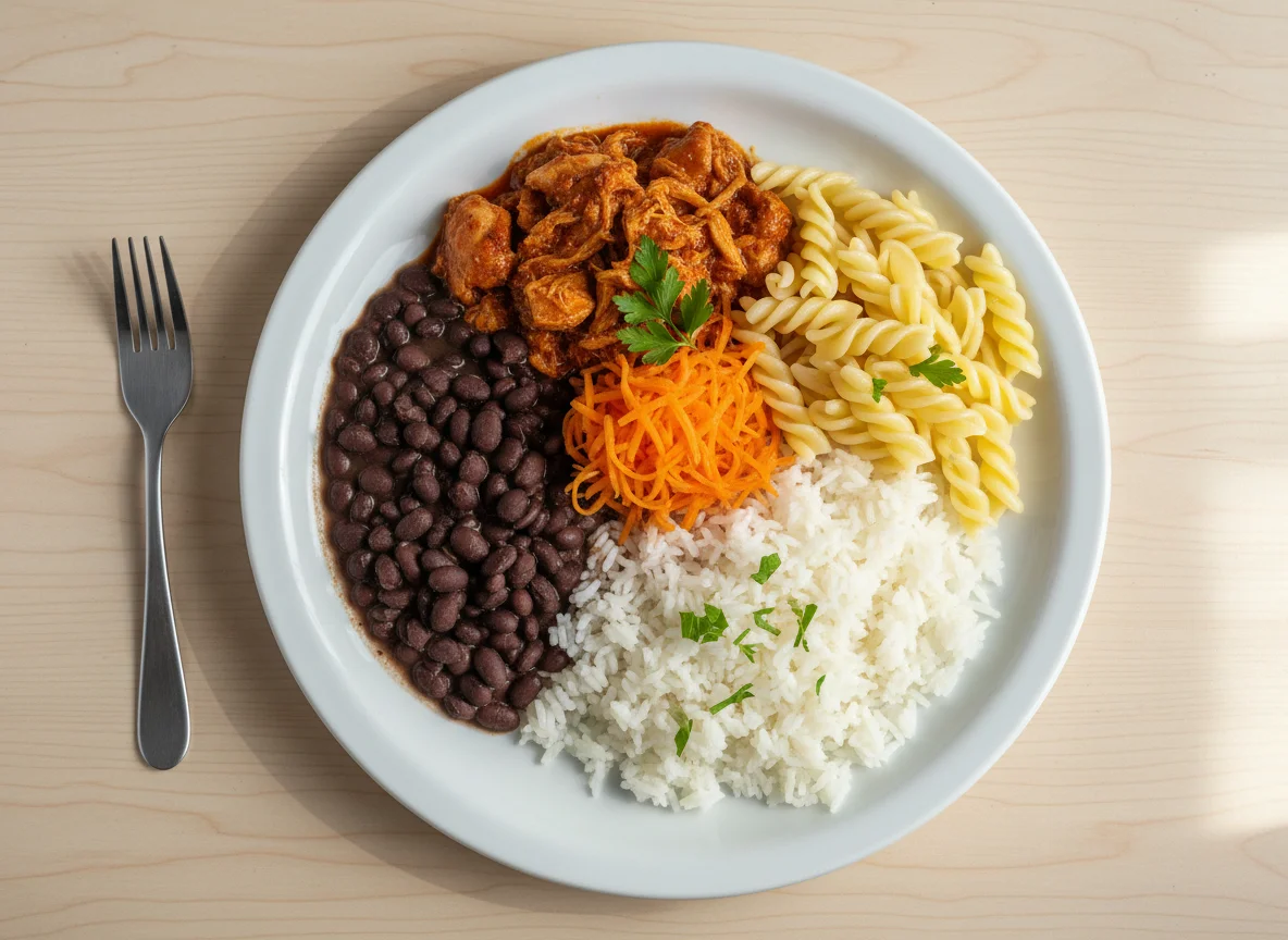 Prato misto com frango, macarrão, arroz, feijão e cenoura photo