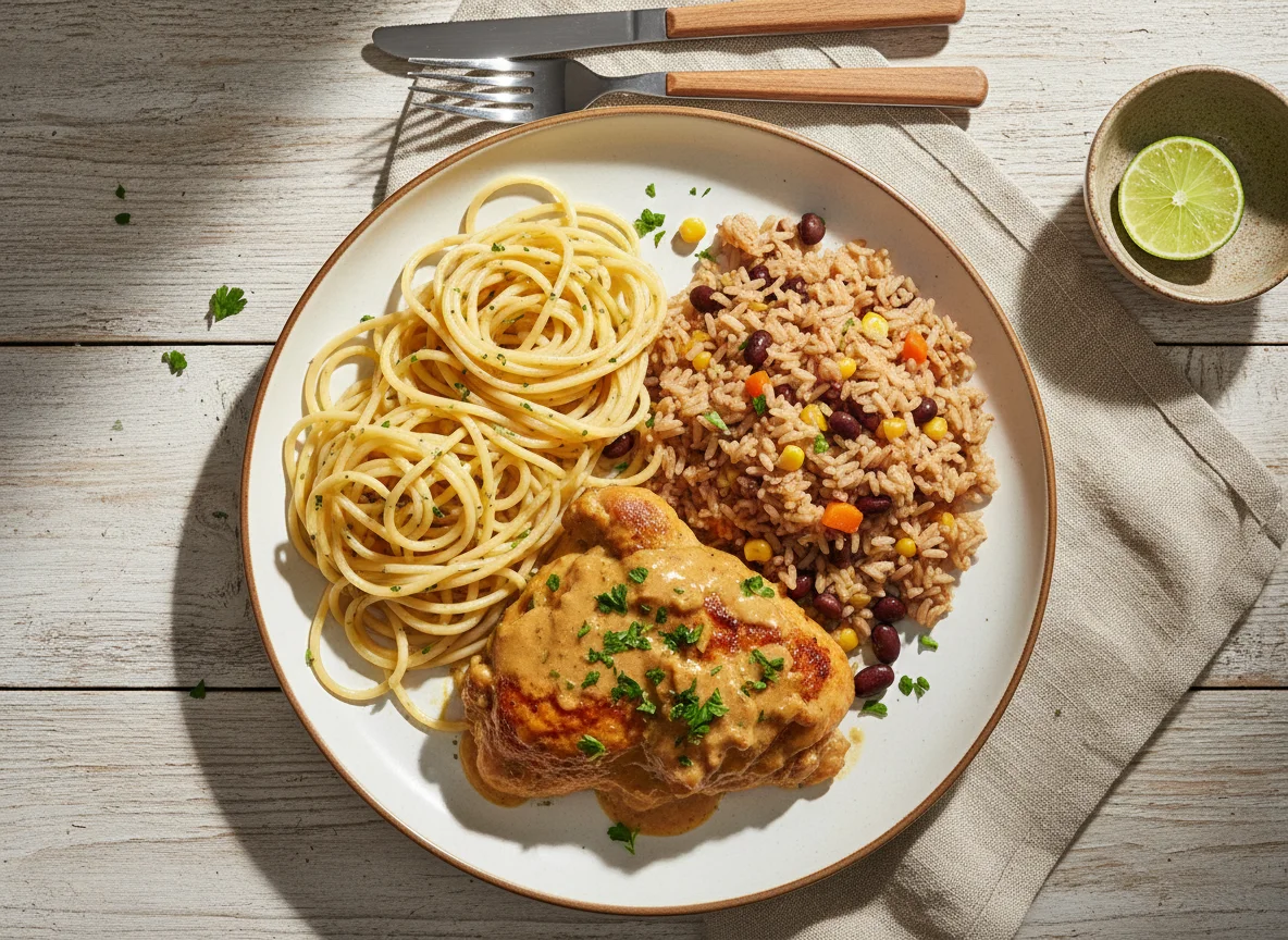 Prato misto com frango, macarrão e arroz photo