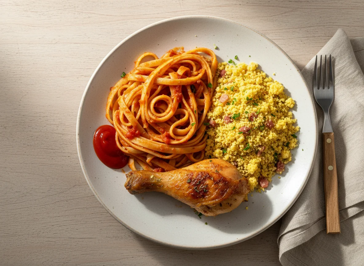 Prato misto com frango, macarrão e farofa photo