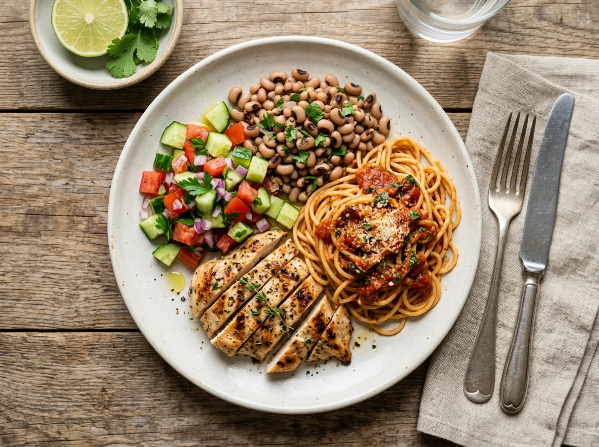 Prato misto com frango, macarrão, feijão-fradinho e salada photo
