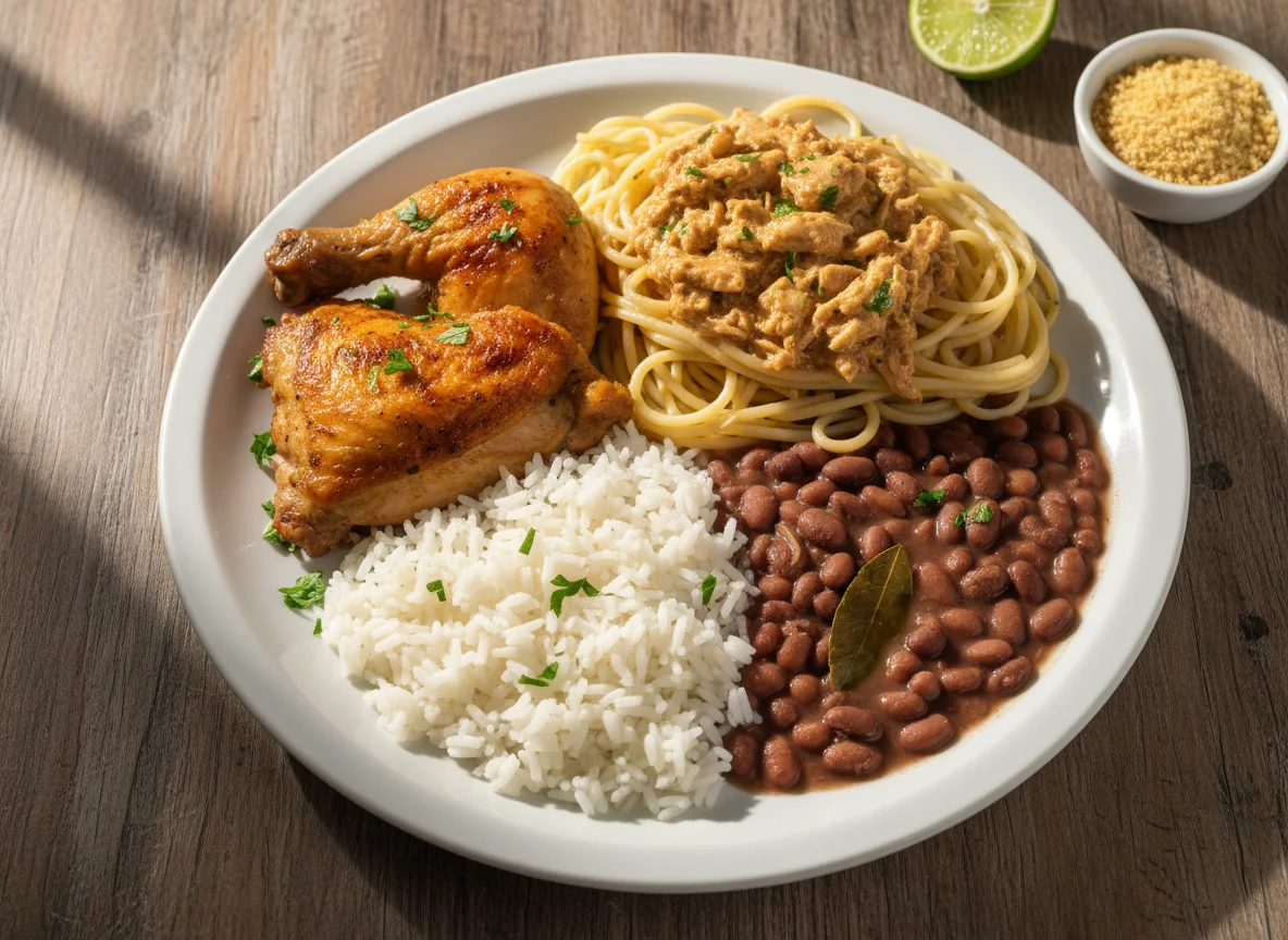 Prato misto com frango, massa, arroz e feijão photo
