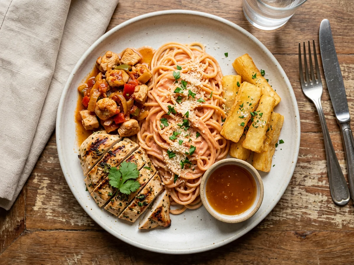 Prato misto com frango, massa e acompanhamentos photo