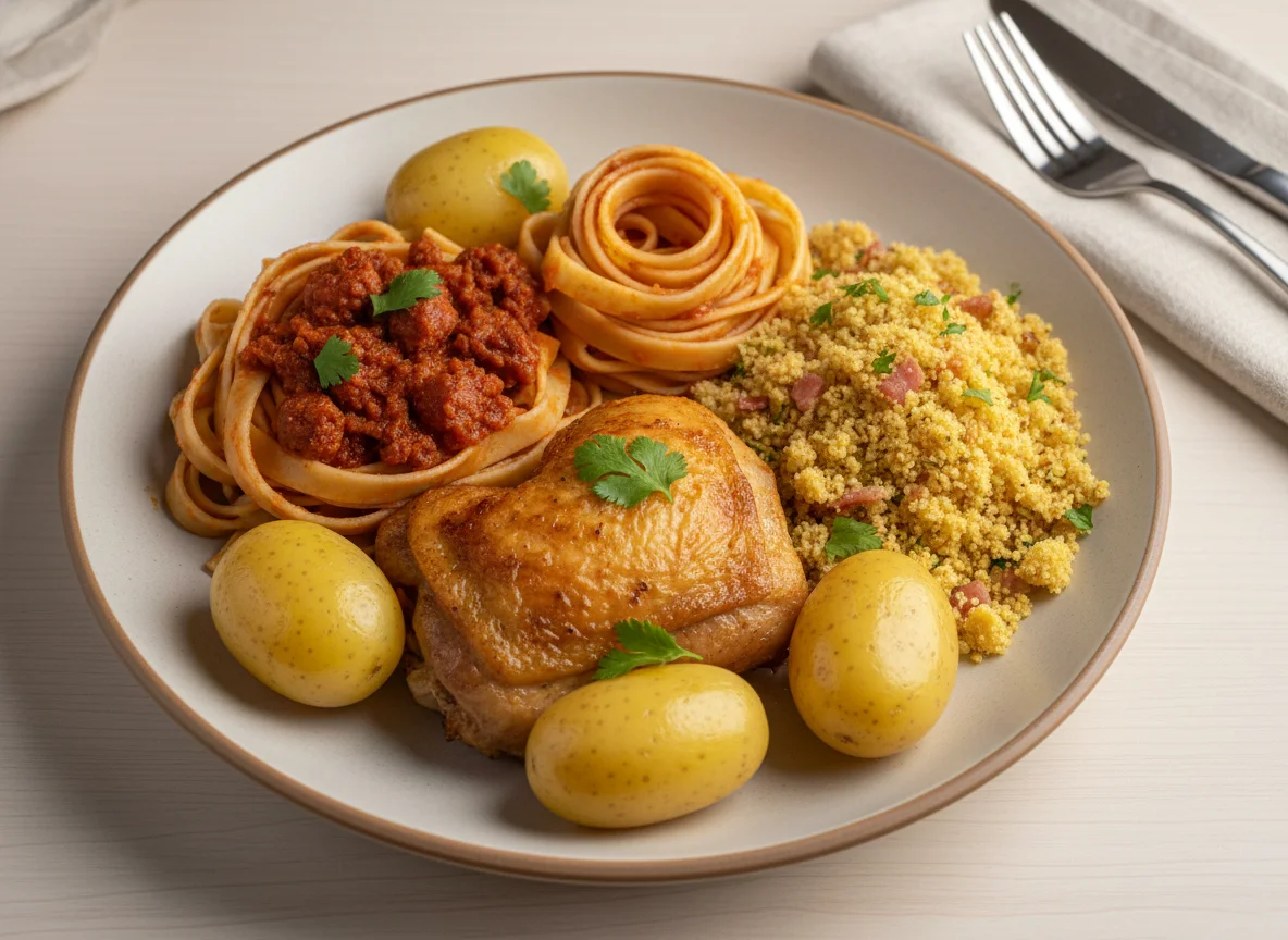 Prato misto com frango, massa e farofa photo