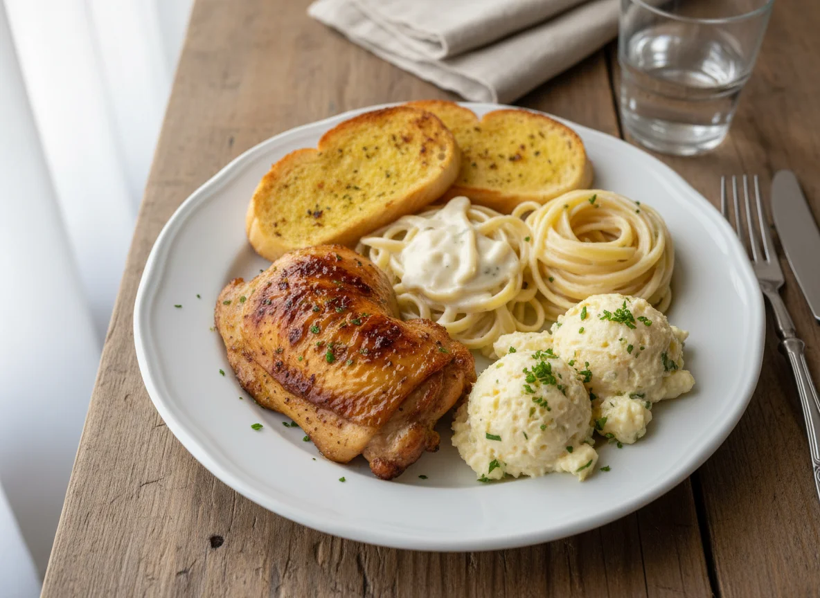 Prato misto com frango, massa e salada de maionese photo
