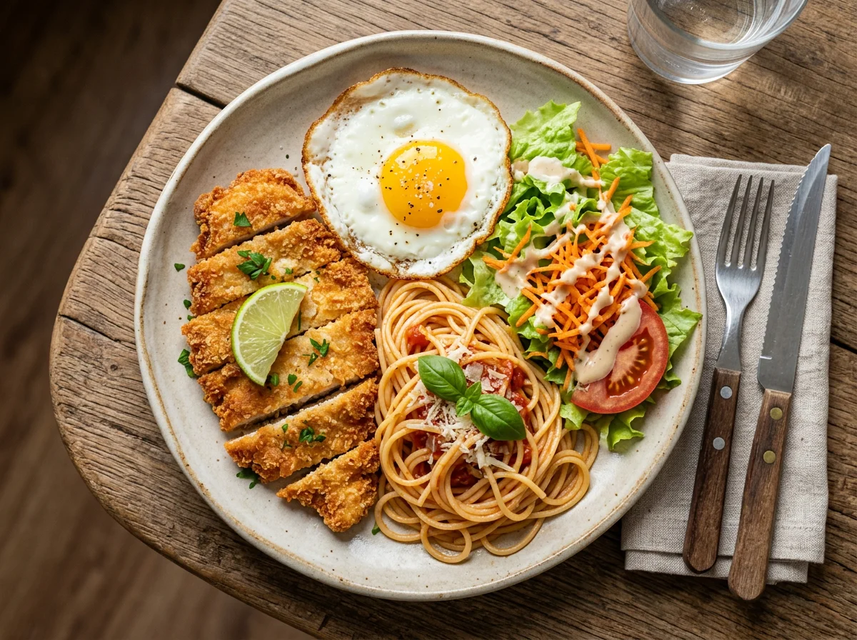 Prato misto com frango, massa, ovo e salada photo