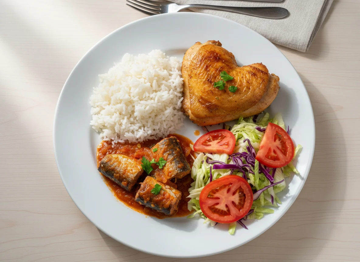 Prato misto com frango, peixe e arroz photo