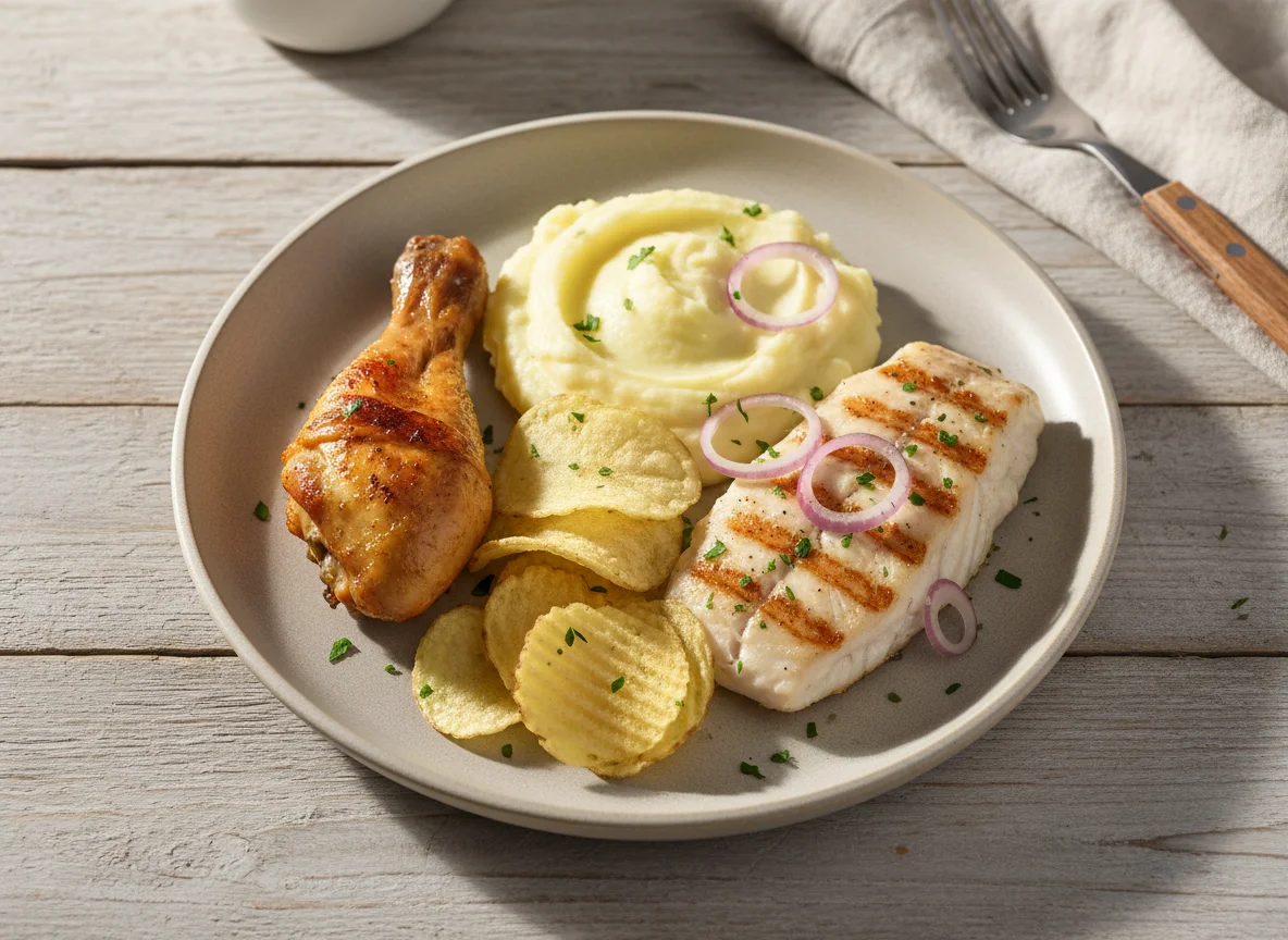 Prato misto com frango, peixe e batatas photo