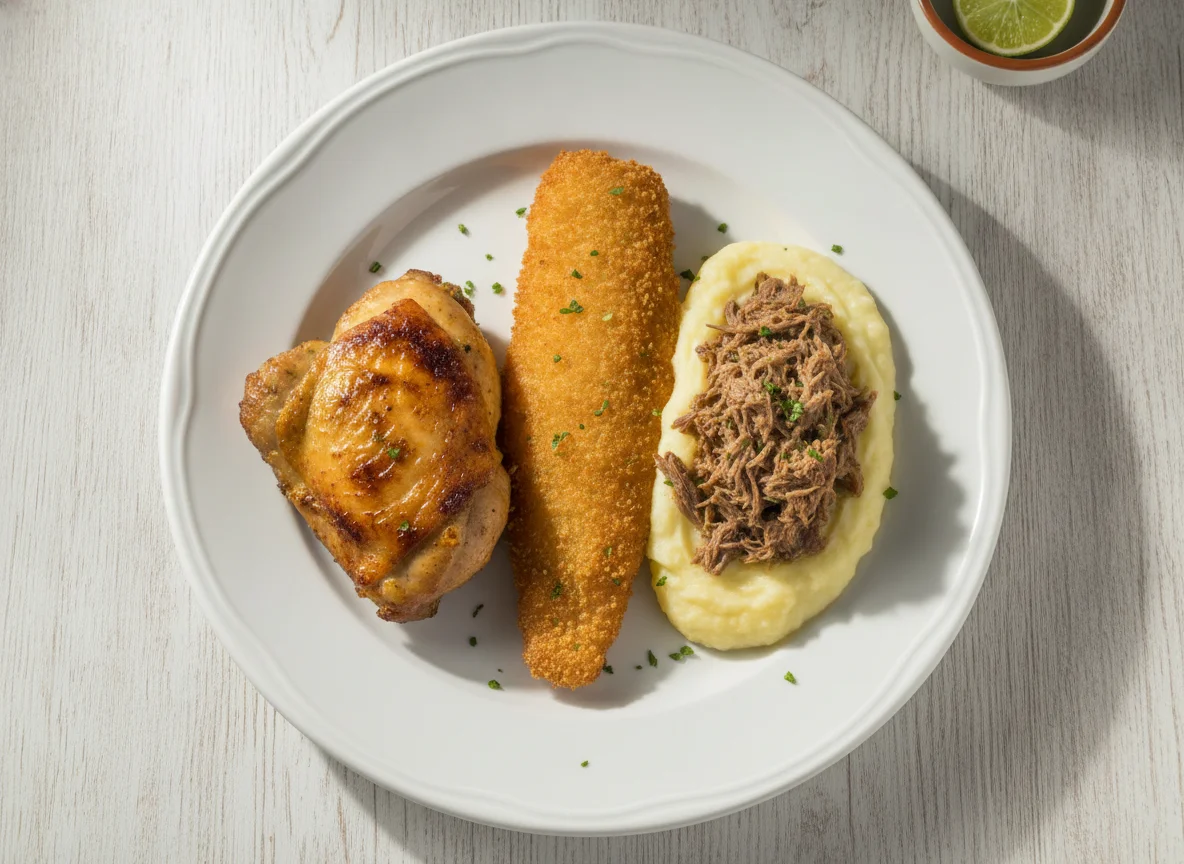 Prato misto com frango, peixe e purê photo
