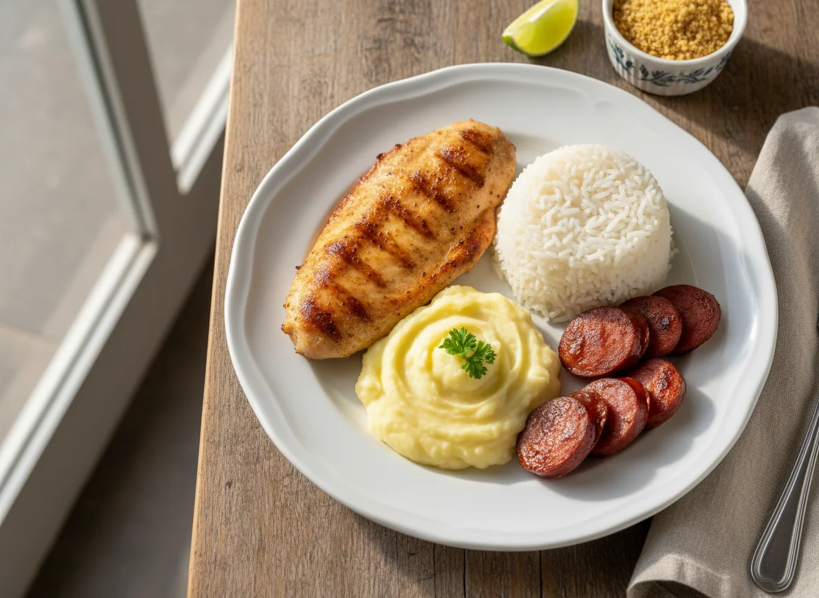 Prato misto com frango, purê, arroz e linguiça photo