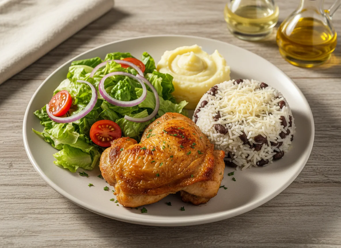Prato misto com frango, purê, arroz e salada photo