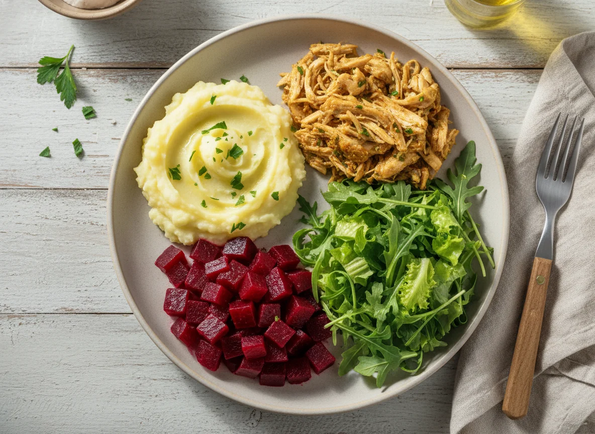 Prato misto com frango, purê, beterraba e salada photo