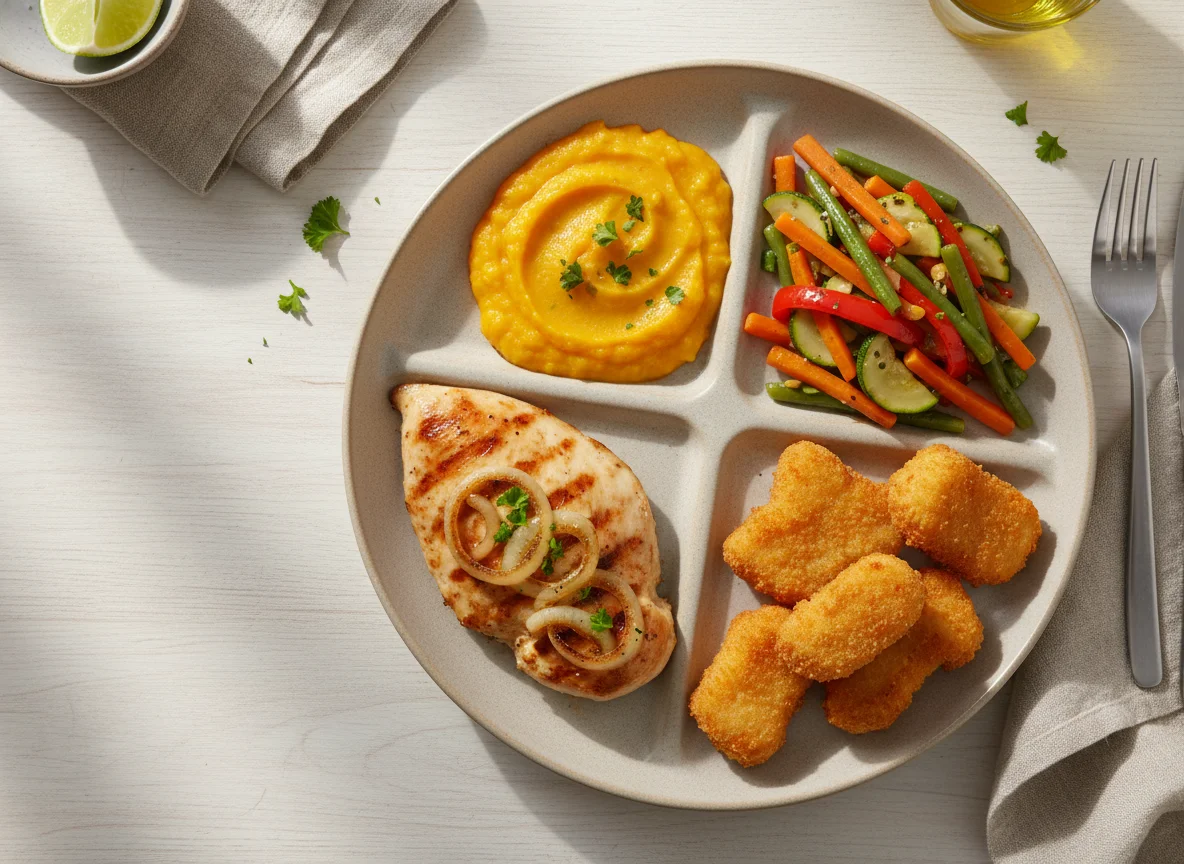 Prato misto com frango, purê de abóbora, refogado de legumes e nuggets photo