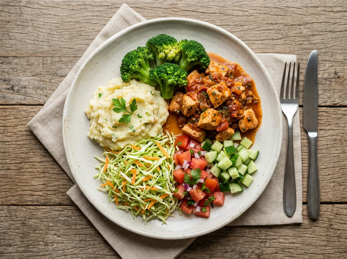 Prato misto com frango, purê e salada photo