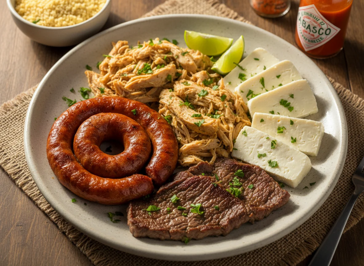 Prato misto com frango, queijo, linguiça e bife photo