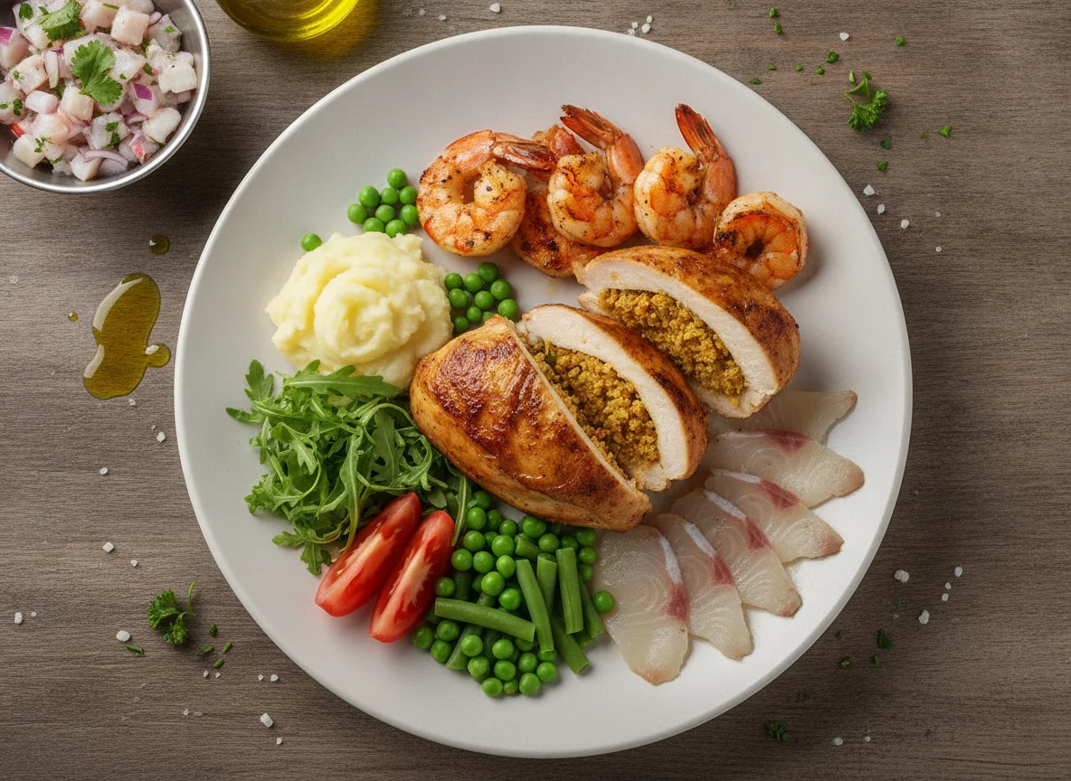 Prato misto com frango recheado, frutos do mar e vegetais photo