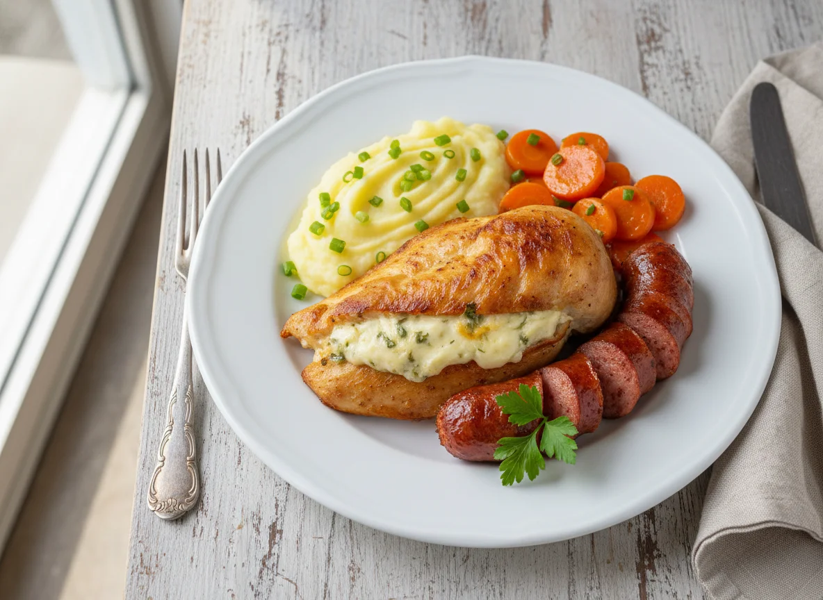 Prato misto com frango recheado, purê, cenoura e linguiça photo