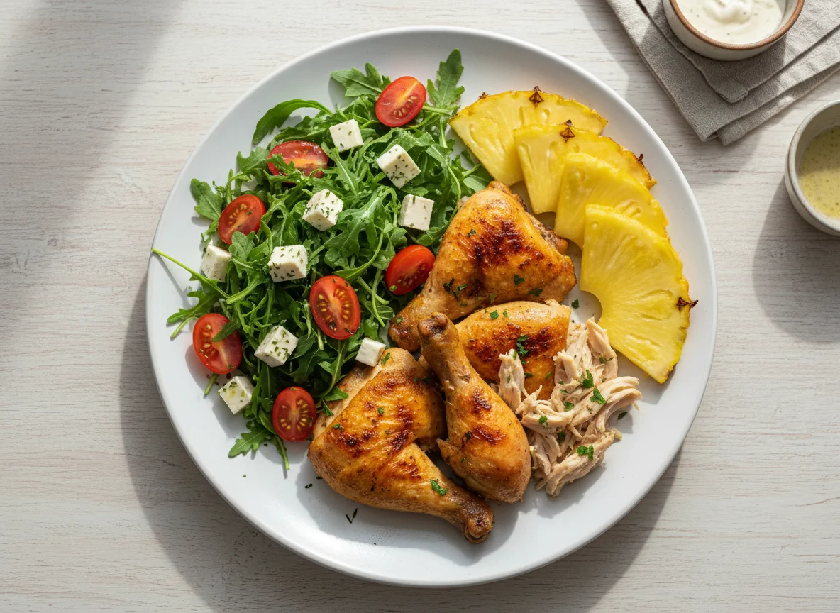 Prato misto com frango, salada e abacaxi photo