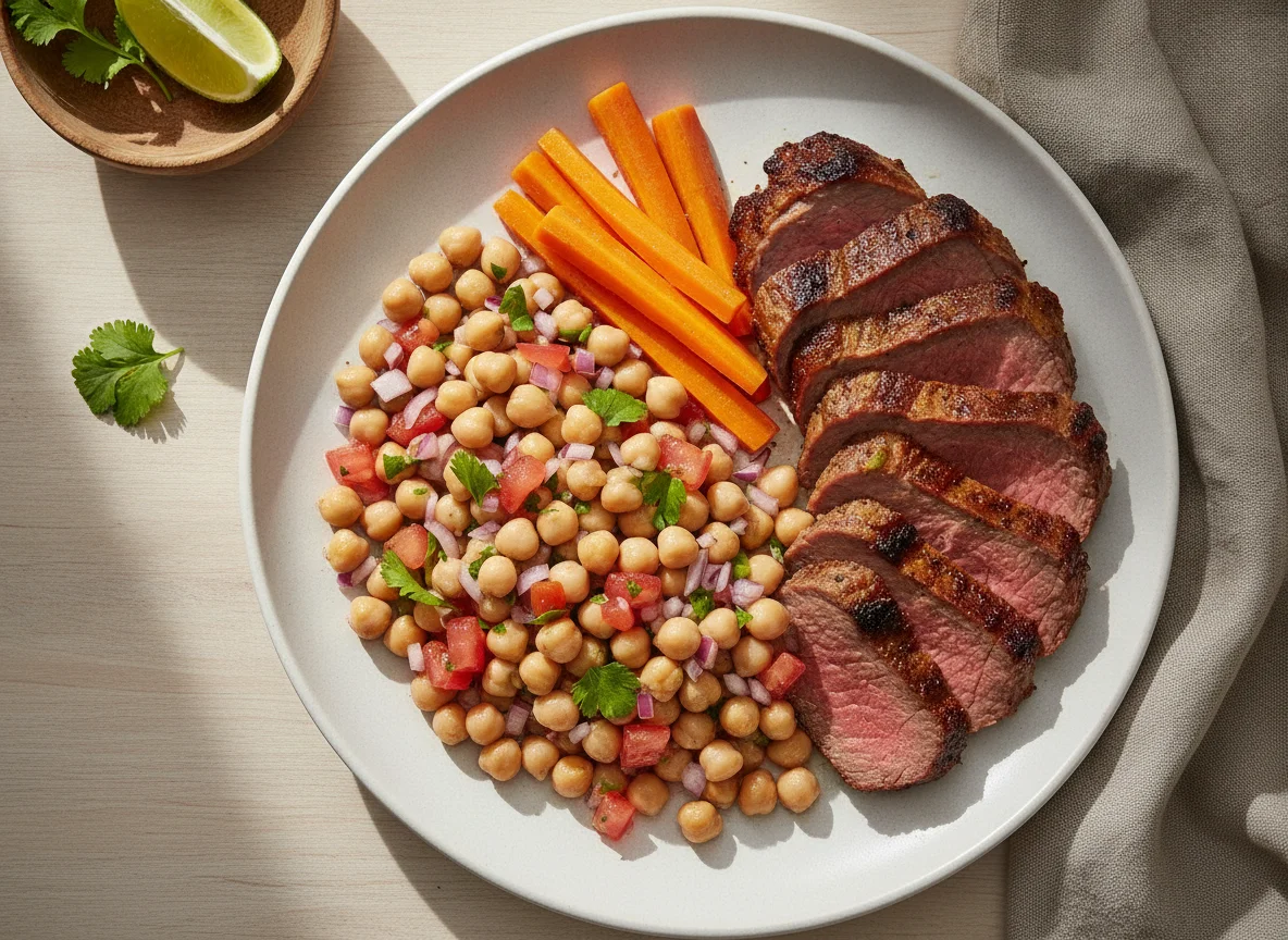 Prato misto com grão de bico e carne photo