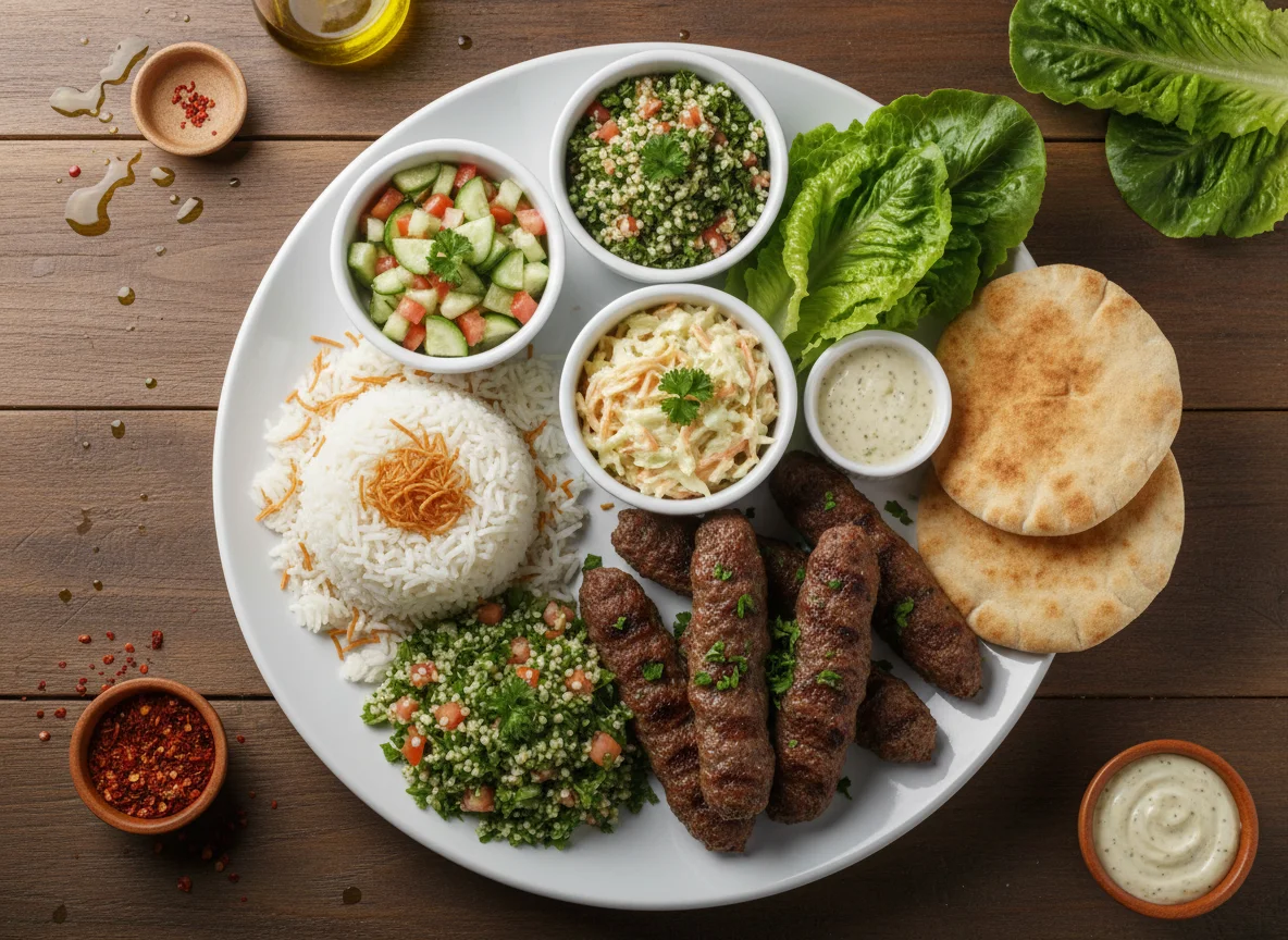 Prato misto com kafta, arroz, saladas e pão sírio photo