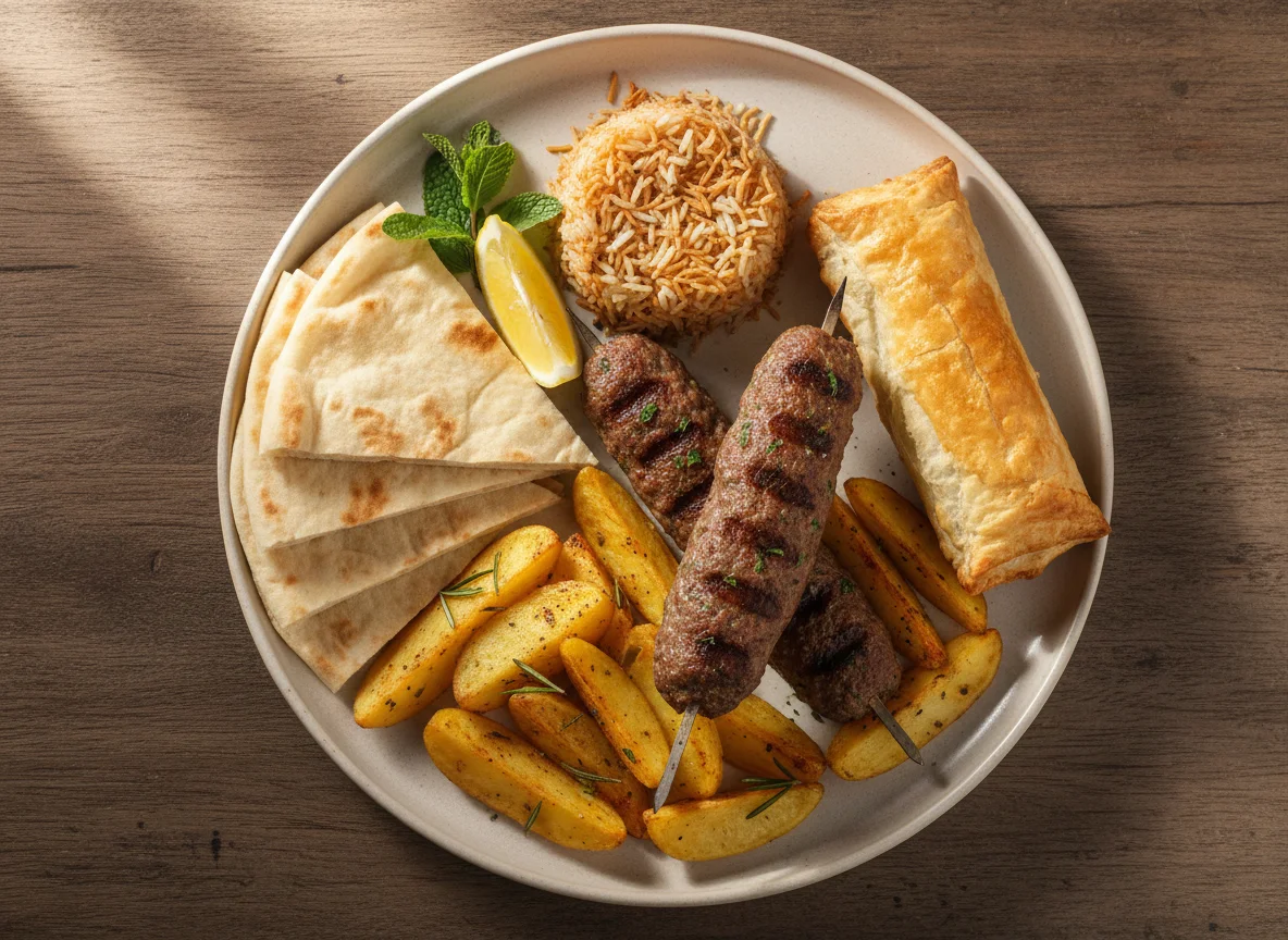 Prato misto com kafta e pão sírio photo