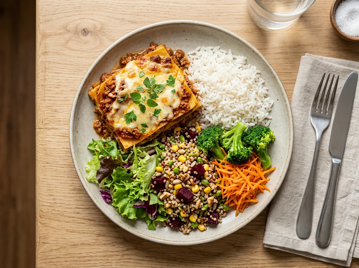 Prato misto com lasanha, arroz e salada photo