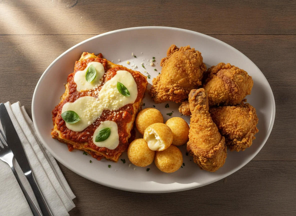 Prato misto com lasanha, frango frito e bolinho de queijo photo