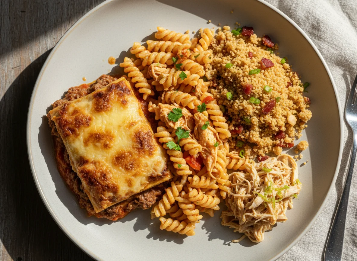 Prato misto com lasanha, macarrão e farofa photo