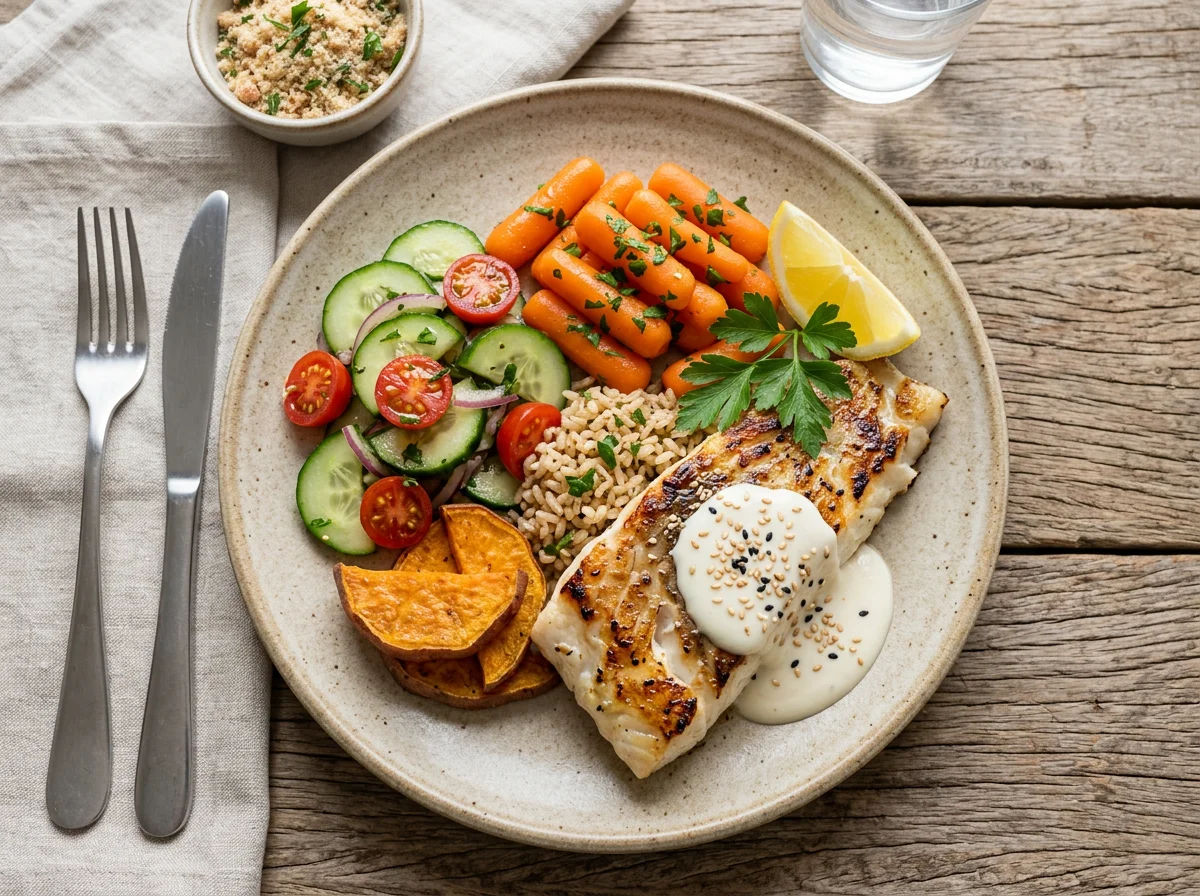 Prato misto com legumes e peixe photo