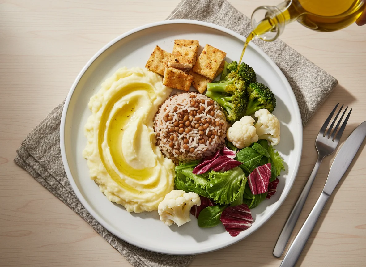 Prato misto com legumes e purê de batata photo