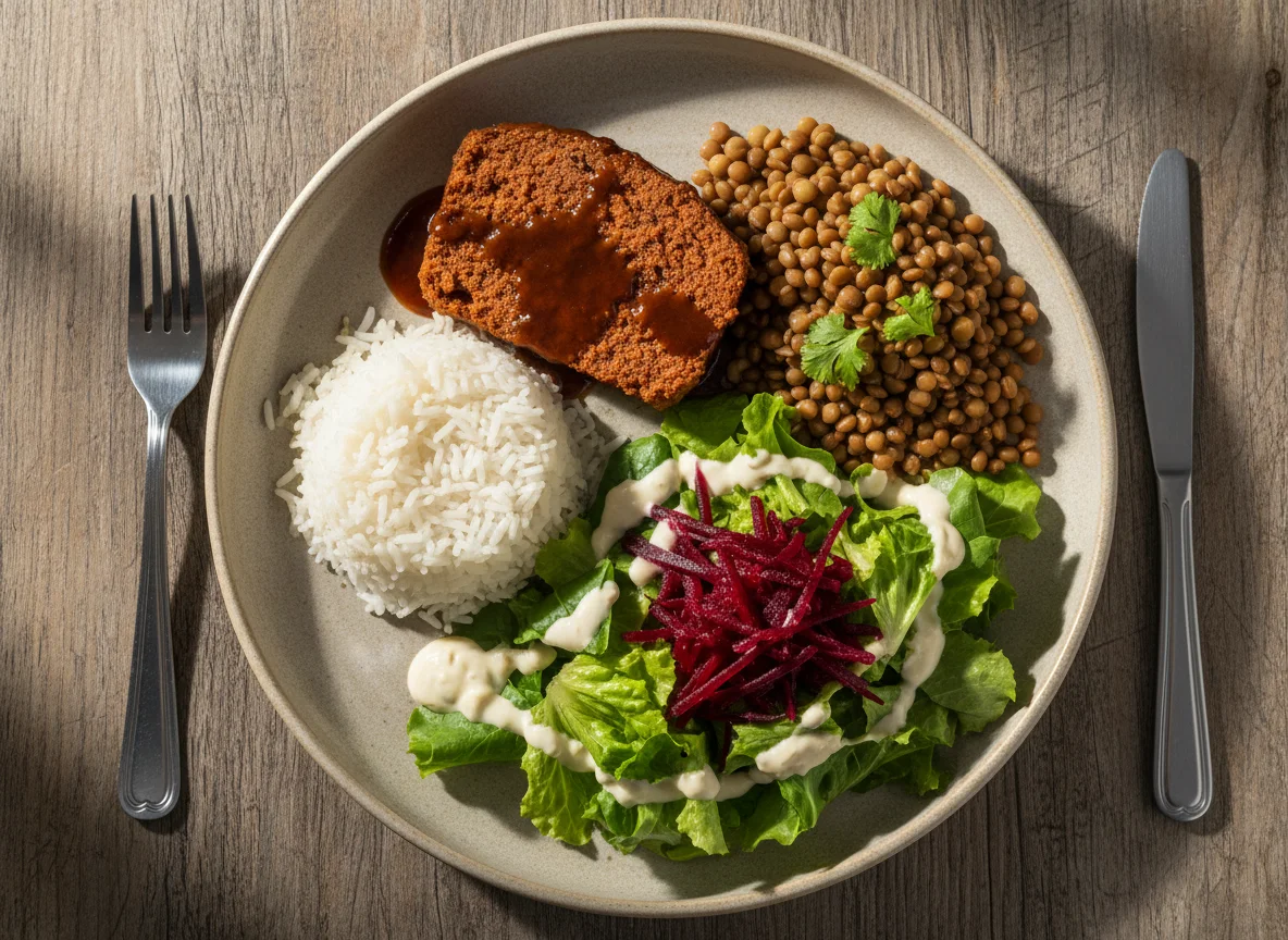 Prato misto com lentilhas, bolo de carne e salada photo