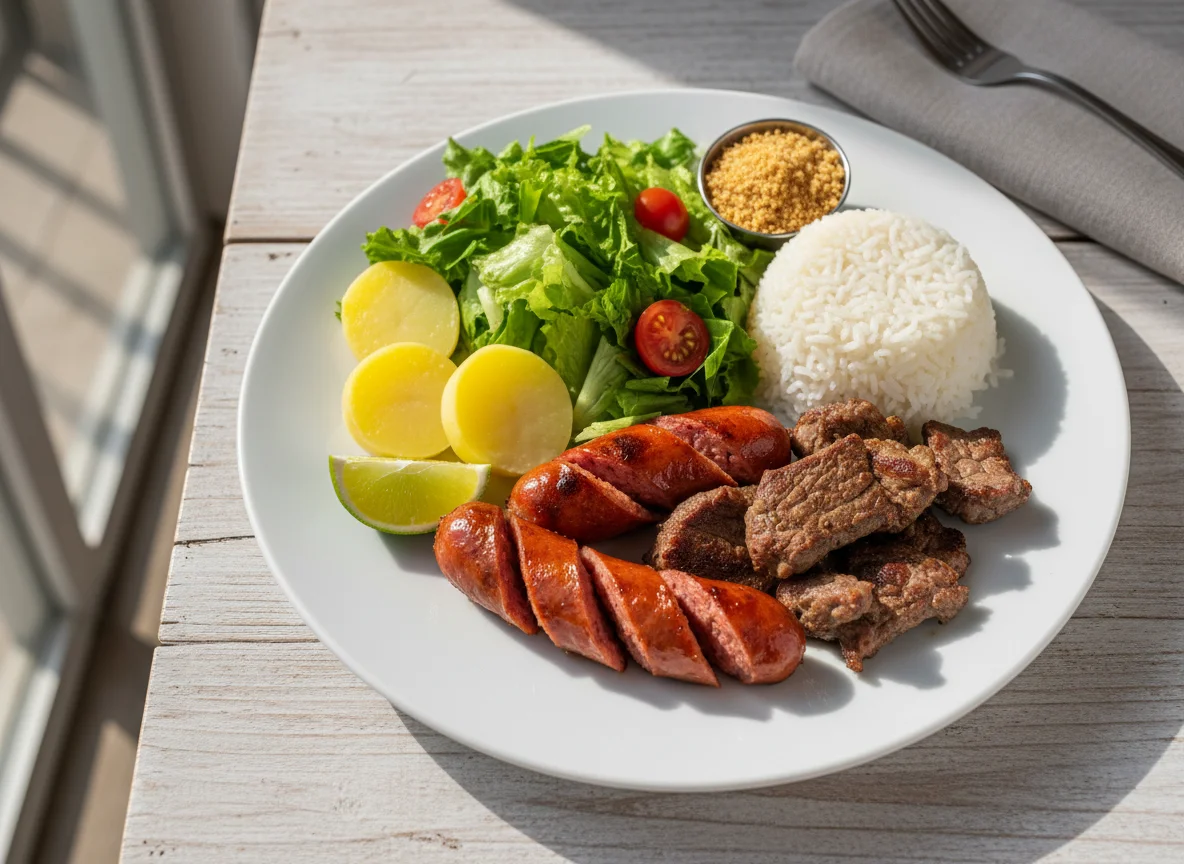 Prato misto com linguiça, arroz e salada photo