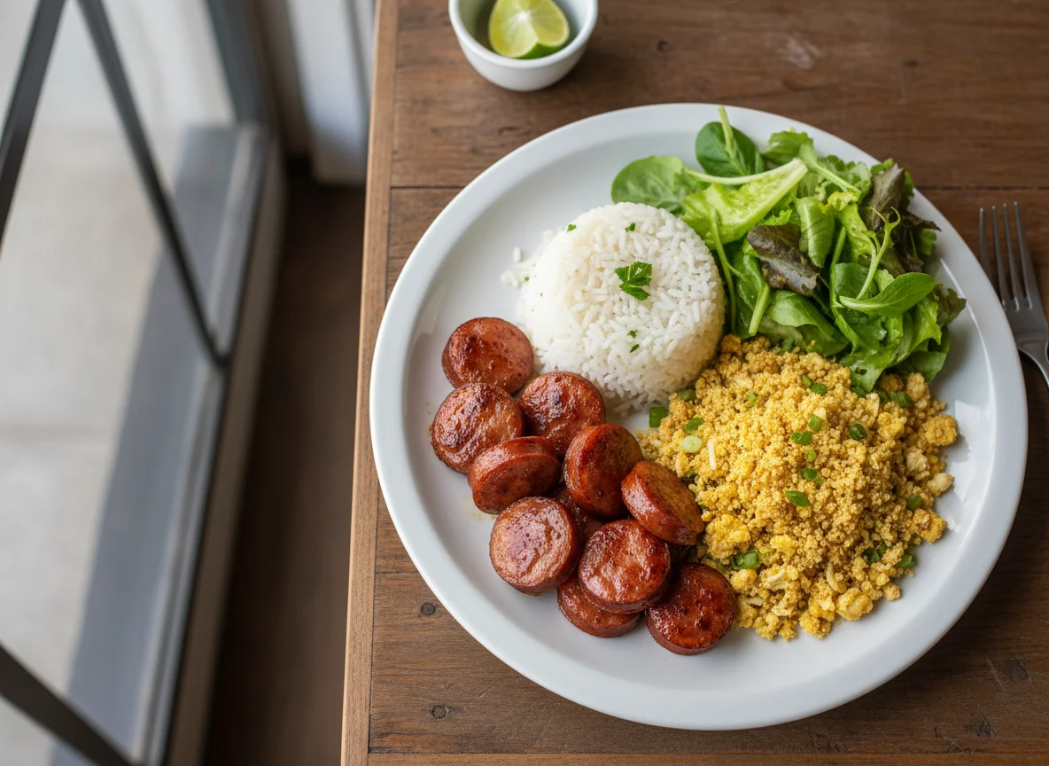 Prato misto com linguiça, arroz, farofa e alface photo